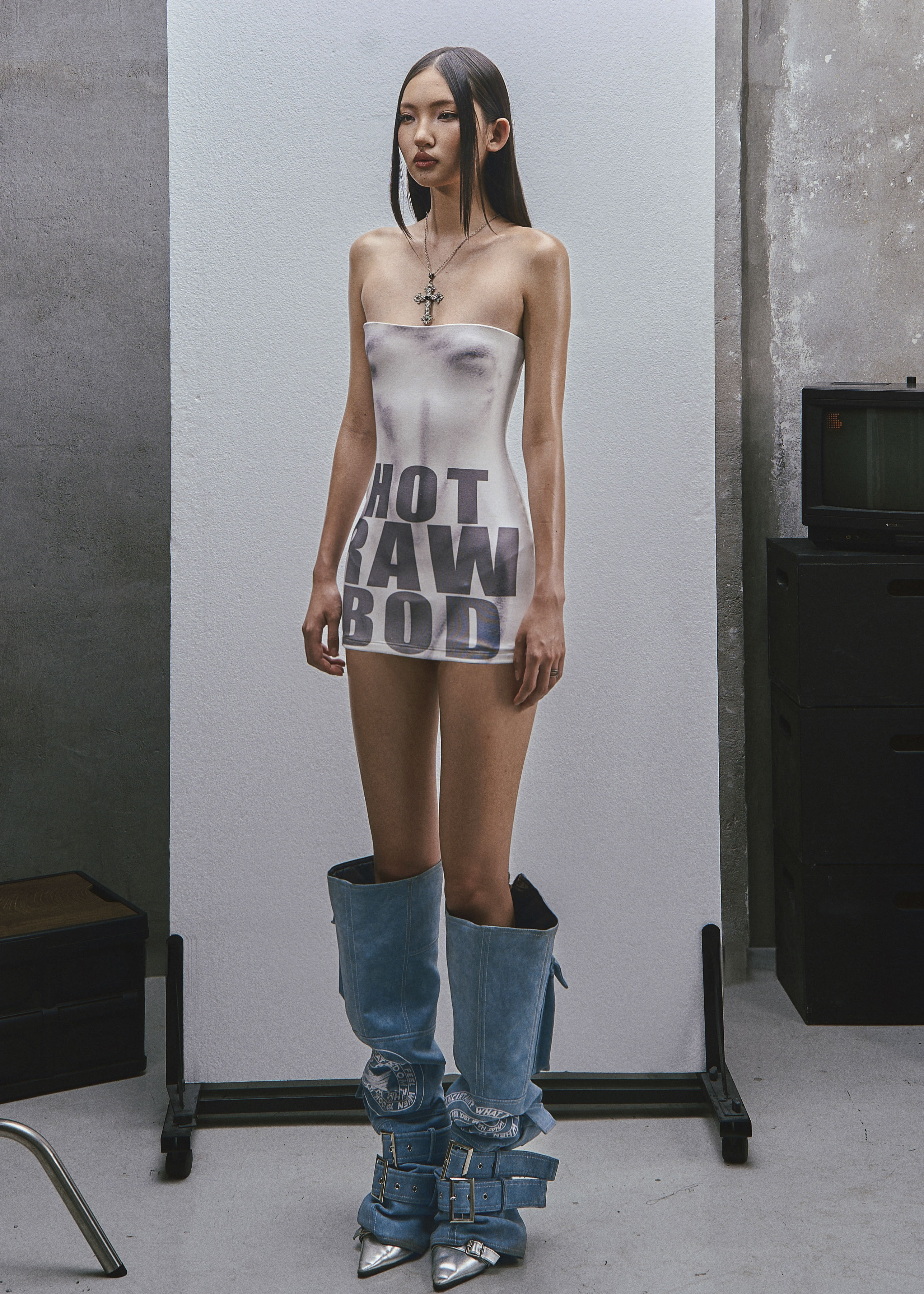 RAW Text Printed Strapless Dress