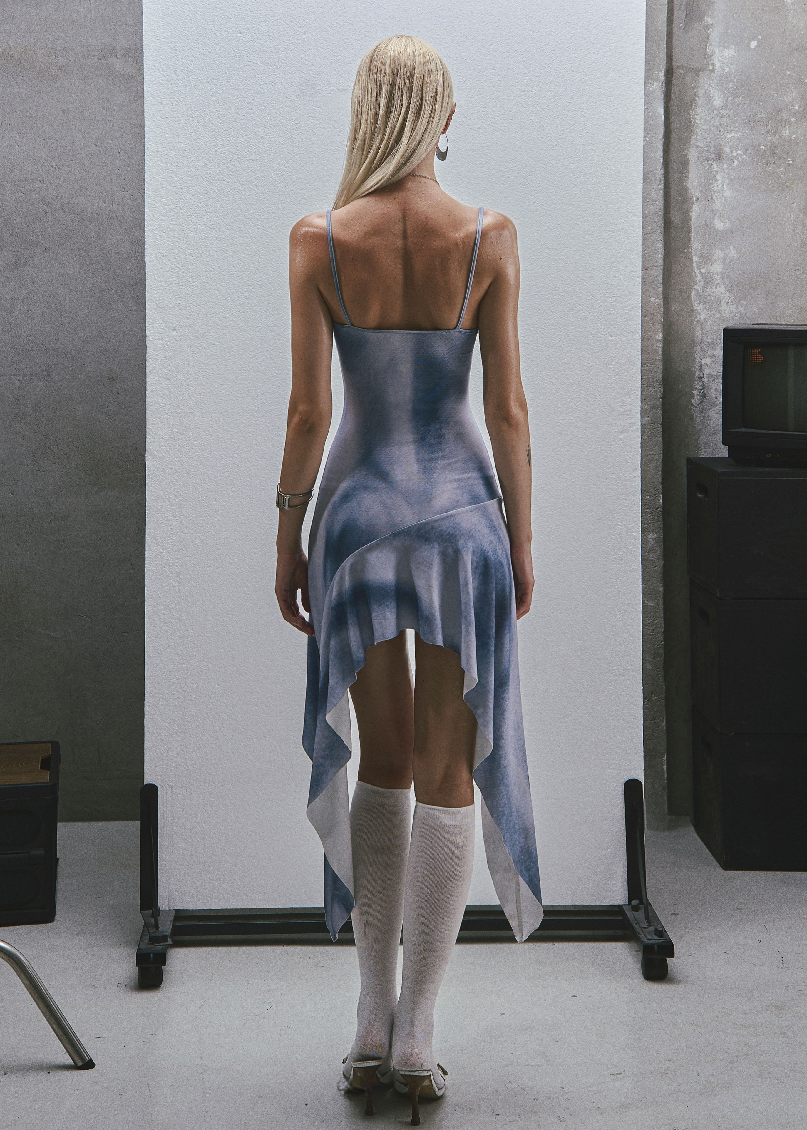 RAW Text Printed Straps Ruffled Asymmetric Hem Mini Dress