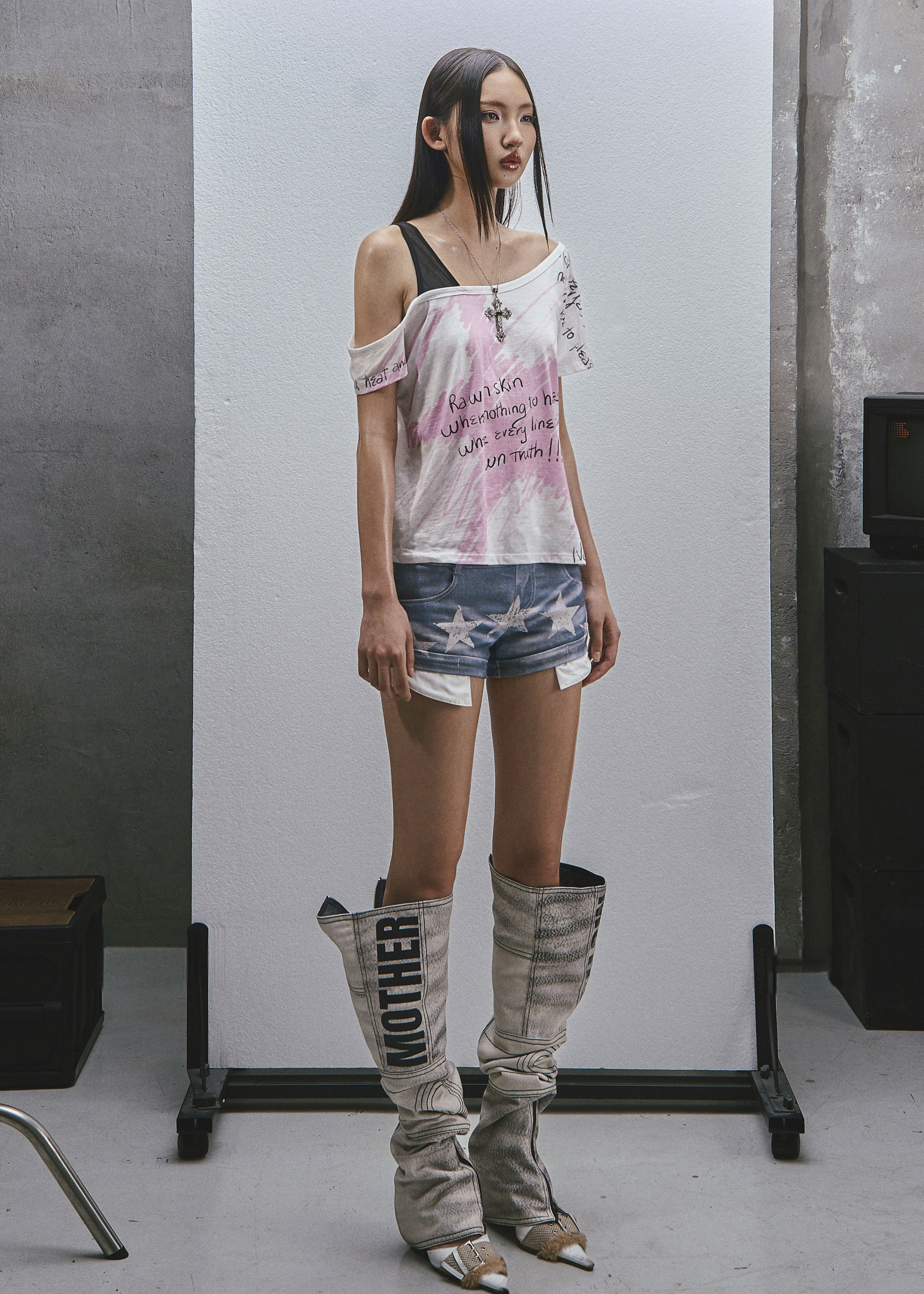RAW Stars Printed Asymmetrical Cold Shoulder Top