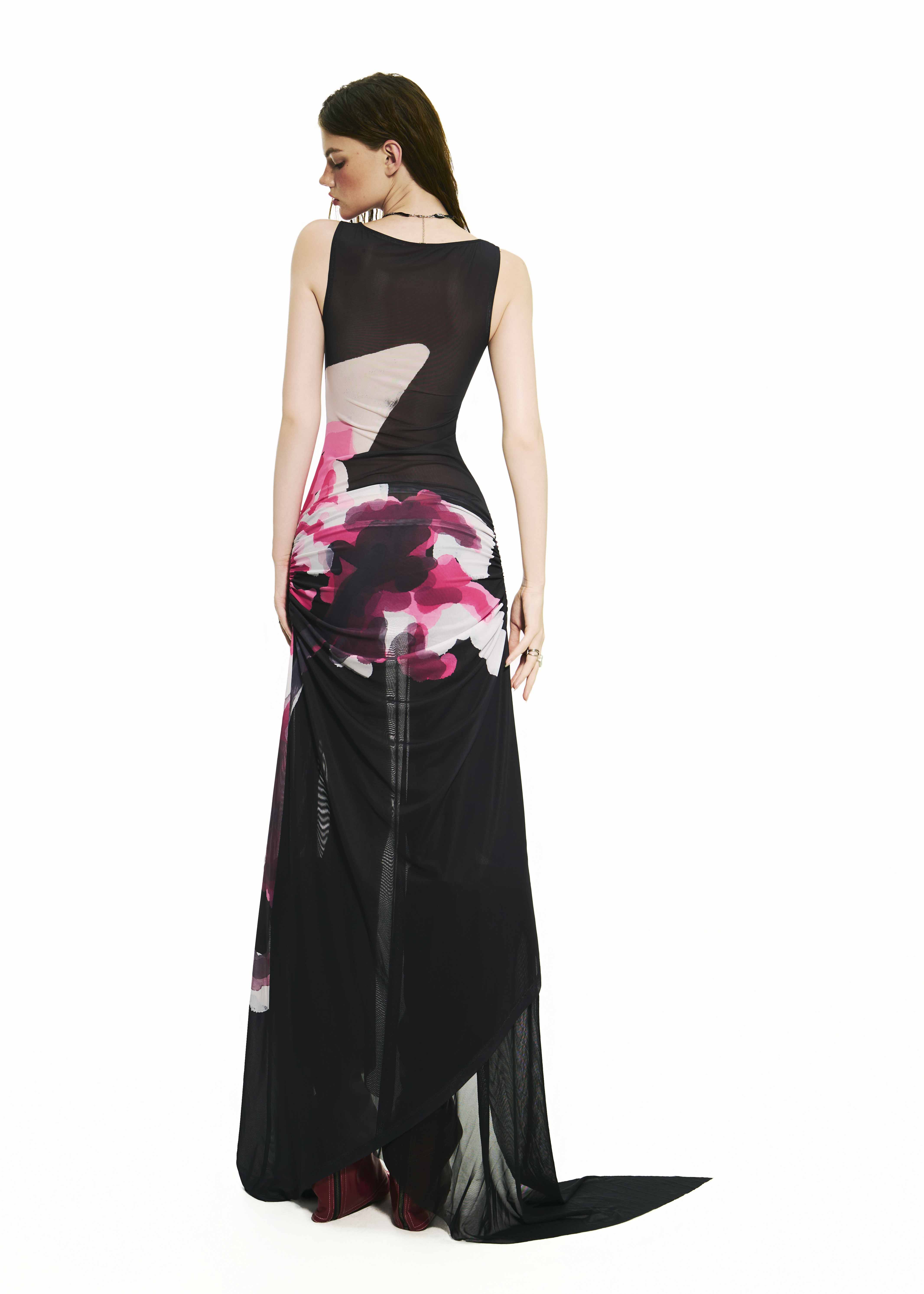 BONG Blooms Hand Drawn Front Thigh Ruched Layer Dress