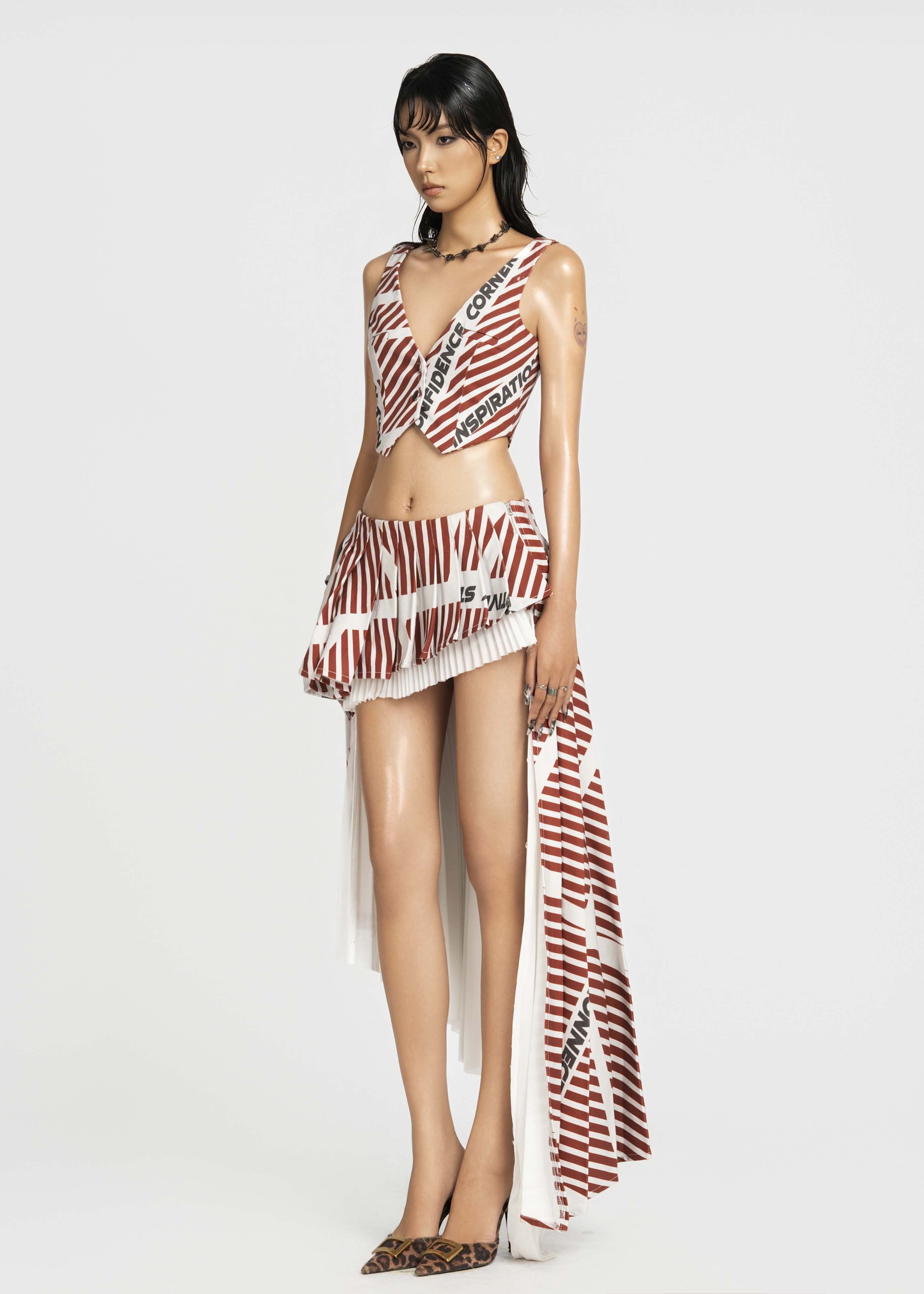 MAP Striped Asymmetric Pleated Skirt