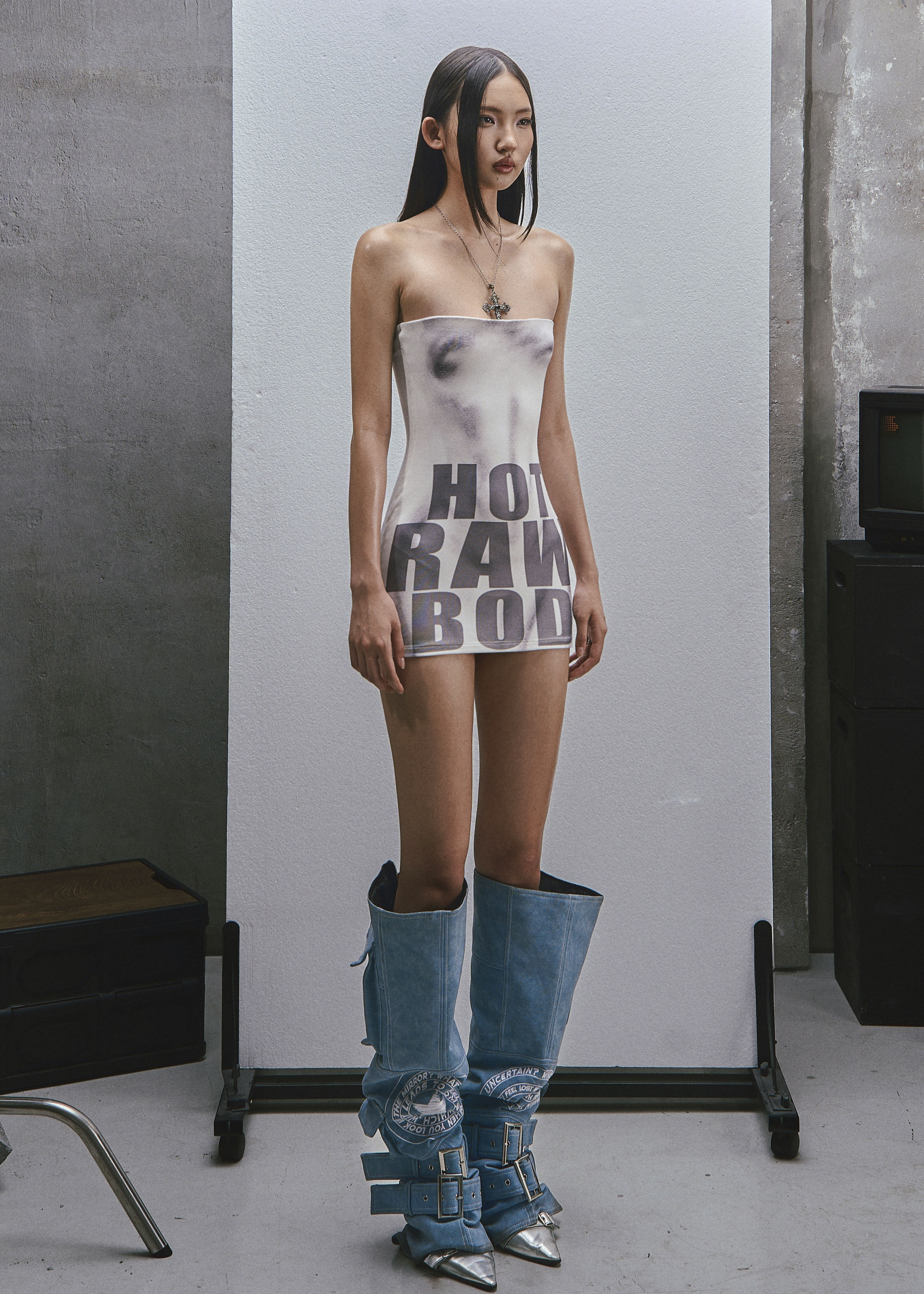 RAW Text Printed Strapless Dress