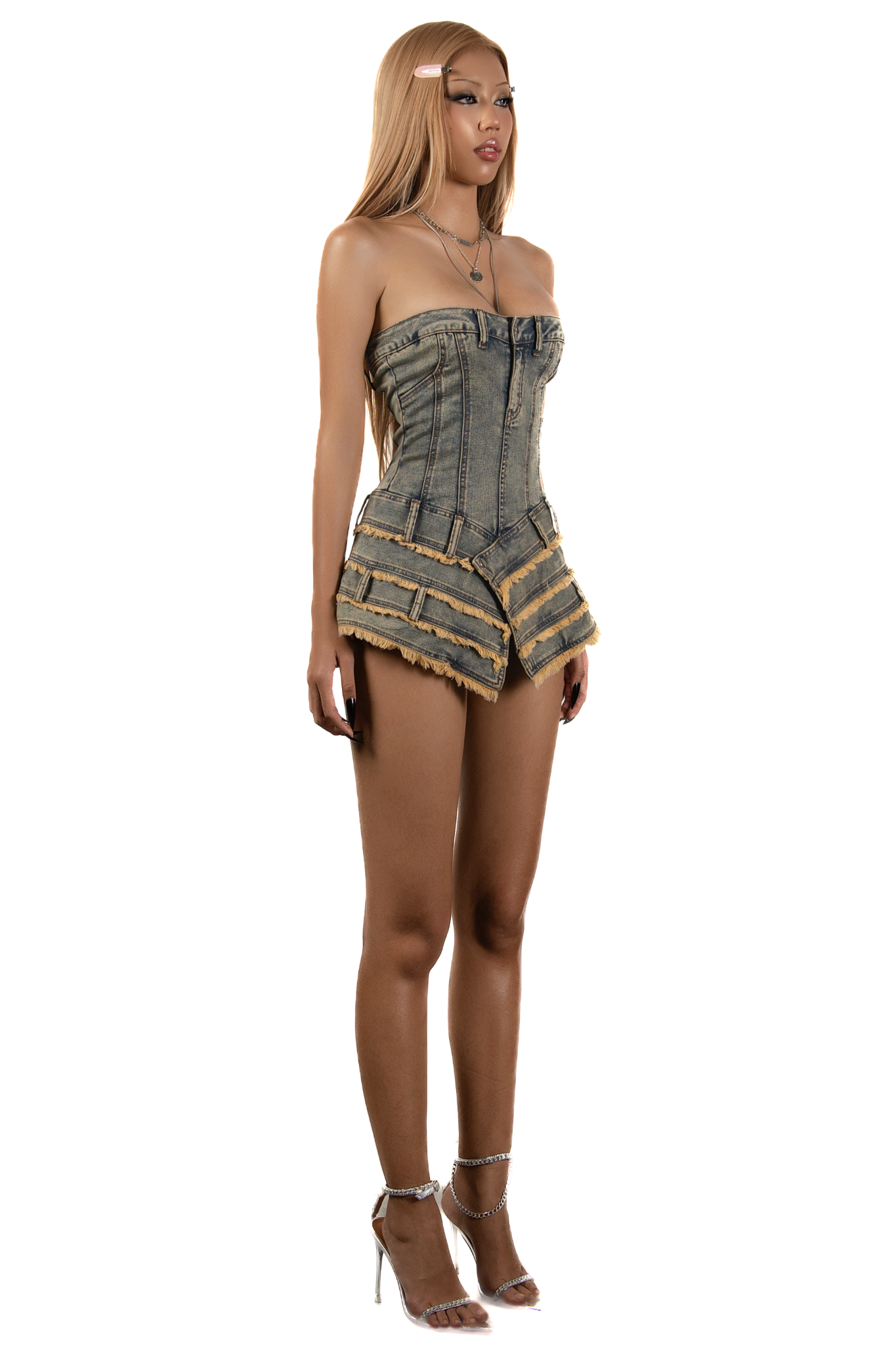 POP Denim Corset Distressed Trim Mini Dress