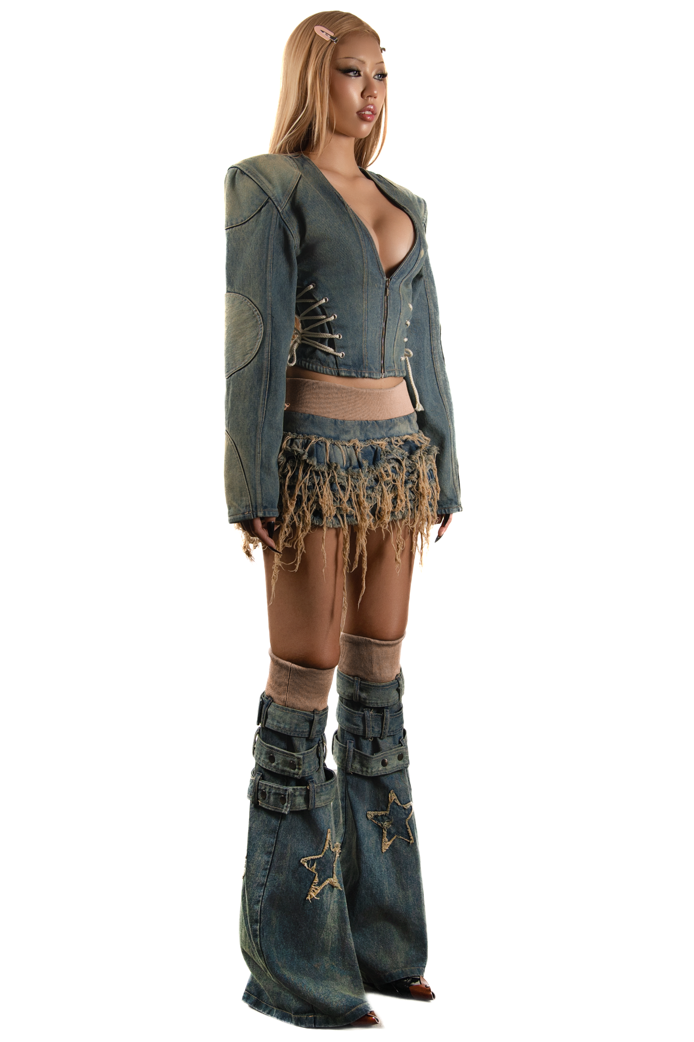 POP Distressed Layered Denim Mini Skirt