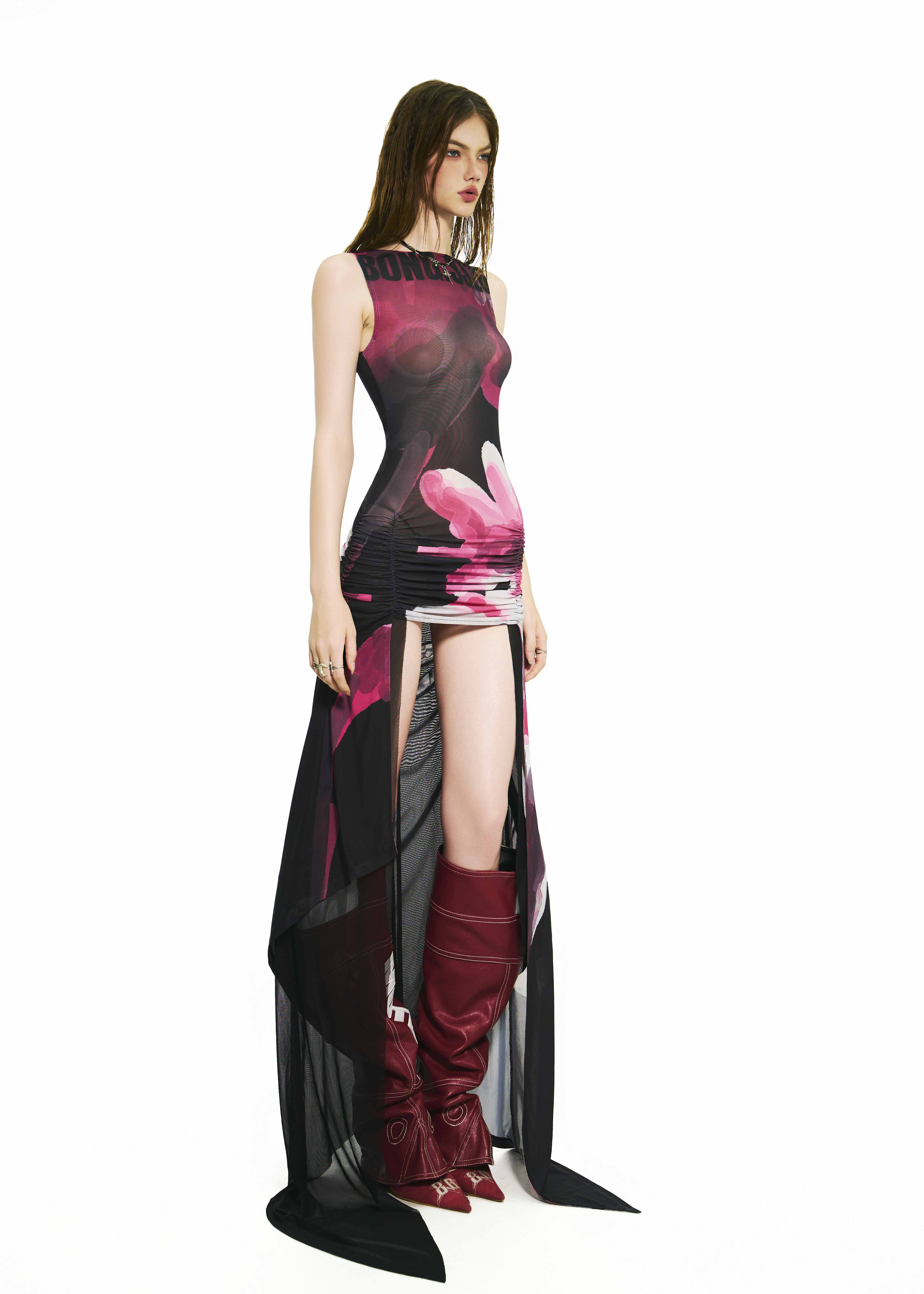 BONG Blooms Hand Drawn Front Thigh Ruched Layer Dress