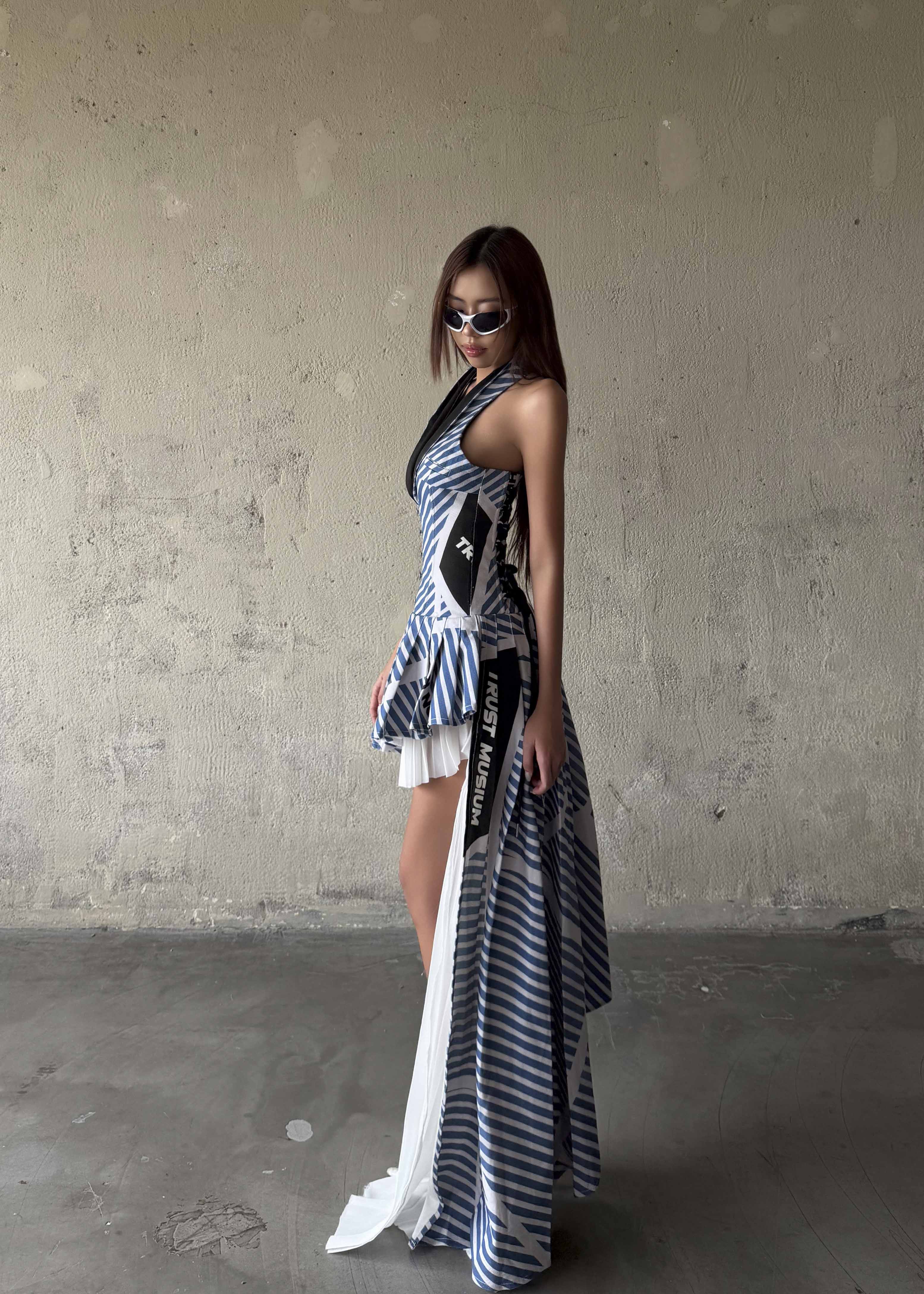 MAP Striped Asymmetric Pleated Halter Neck Dress
