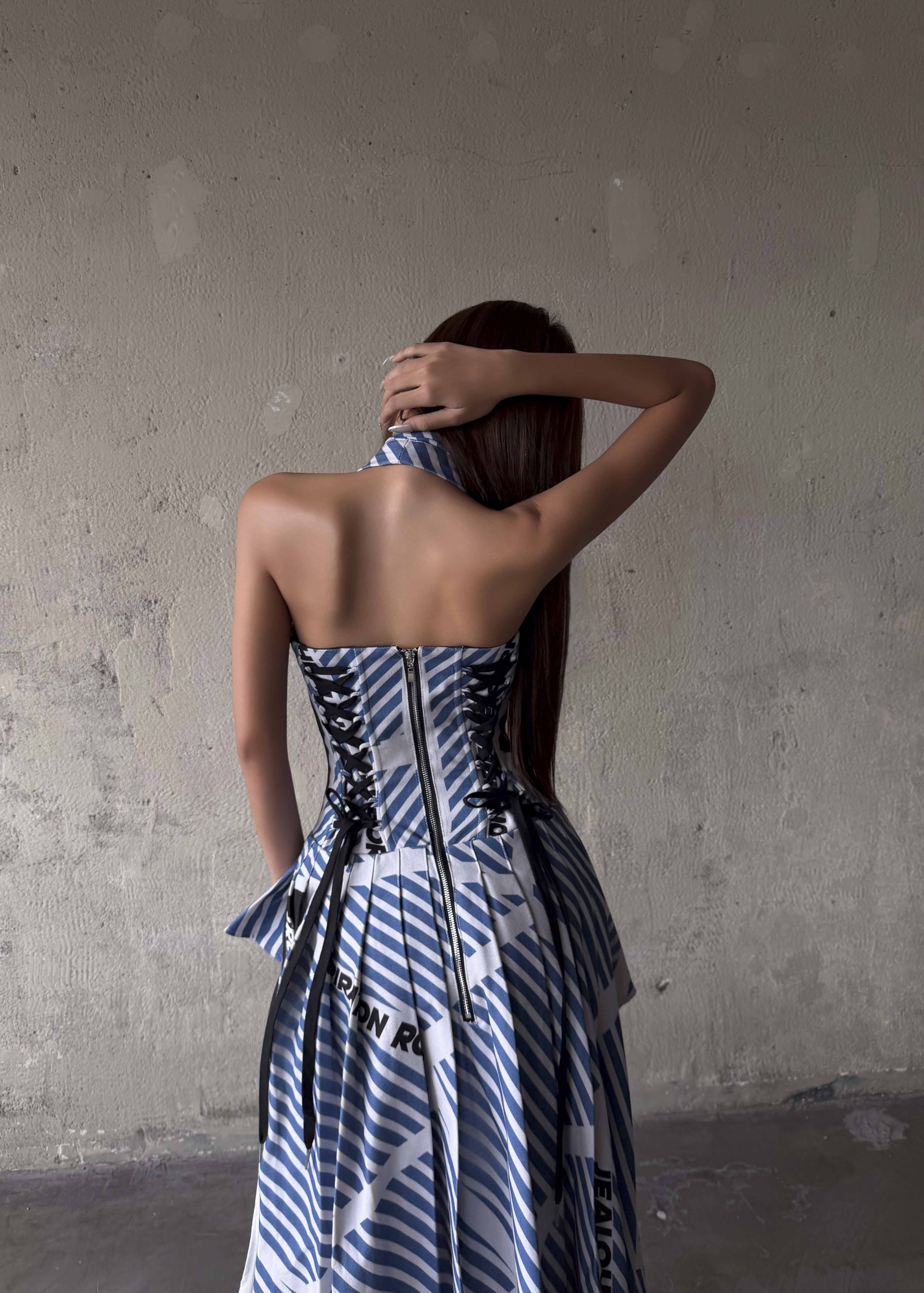 MAP Striped Asymmetric Pleated Halter Neck Dress
