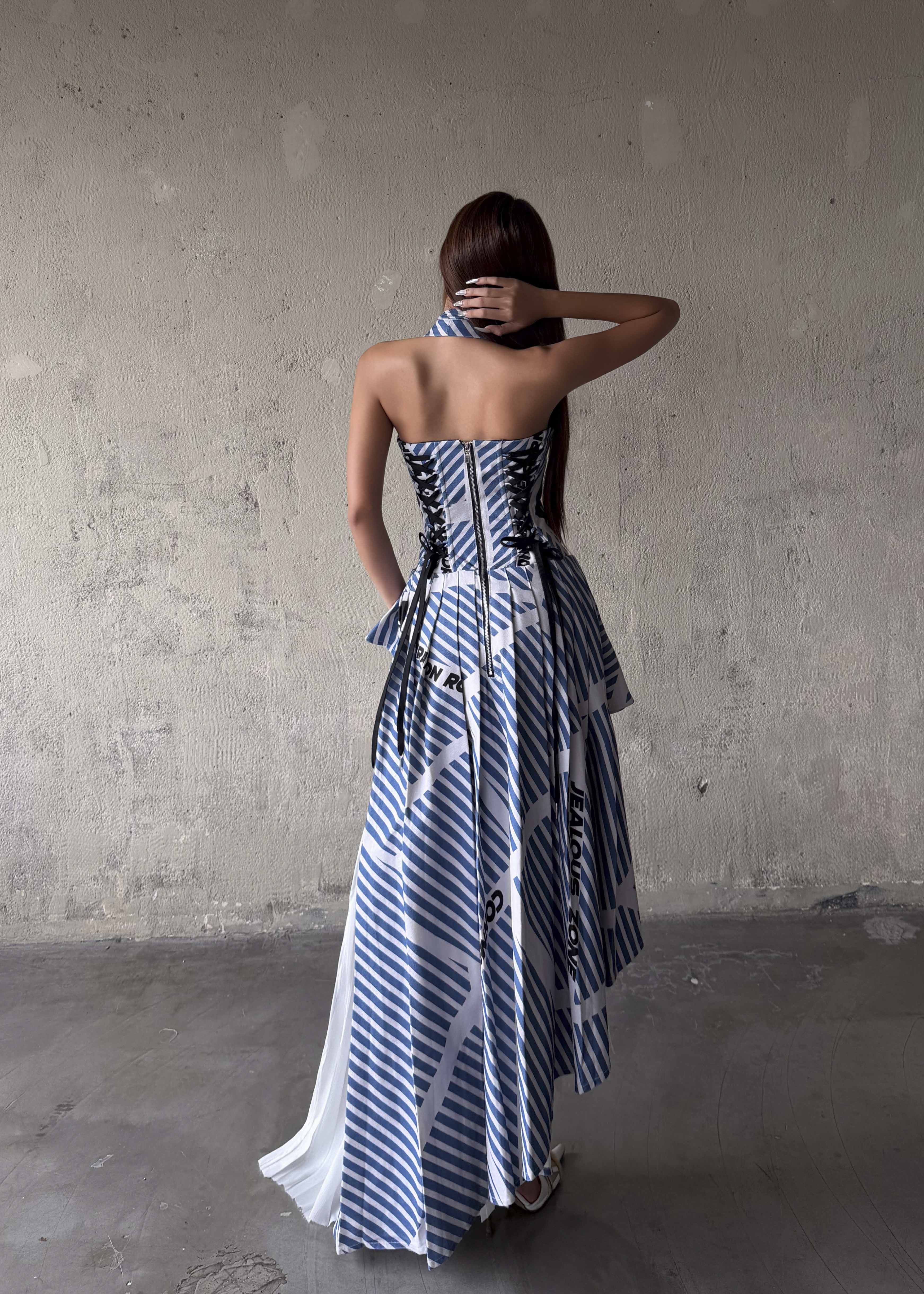 MAP Striped Asymmetric Pleated Halter Neck Dress