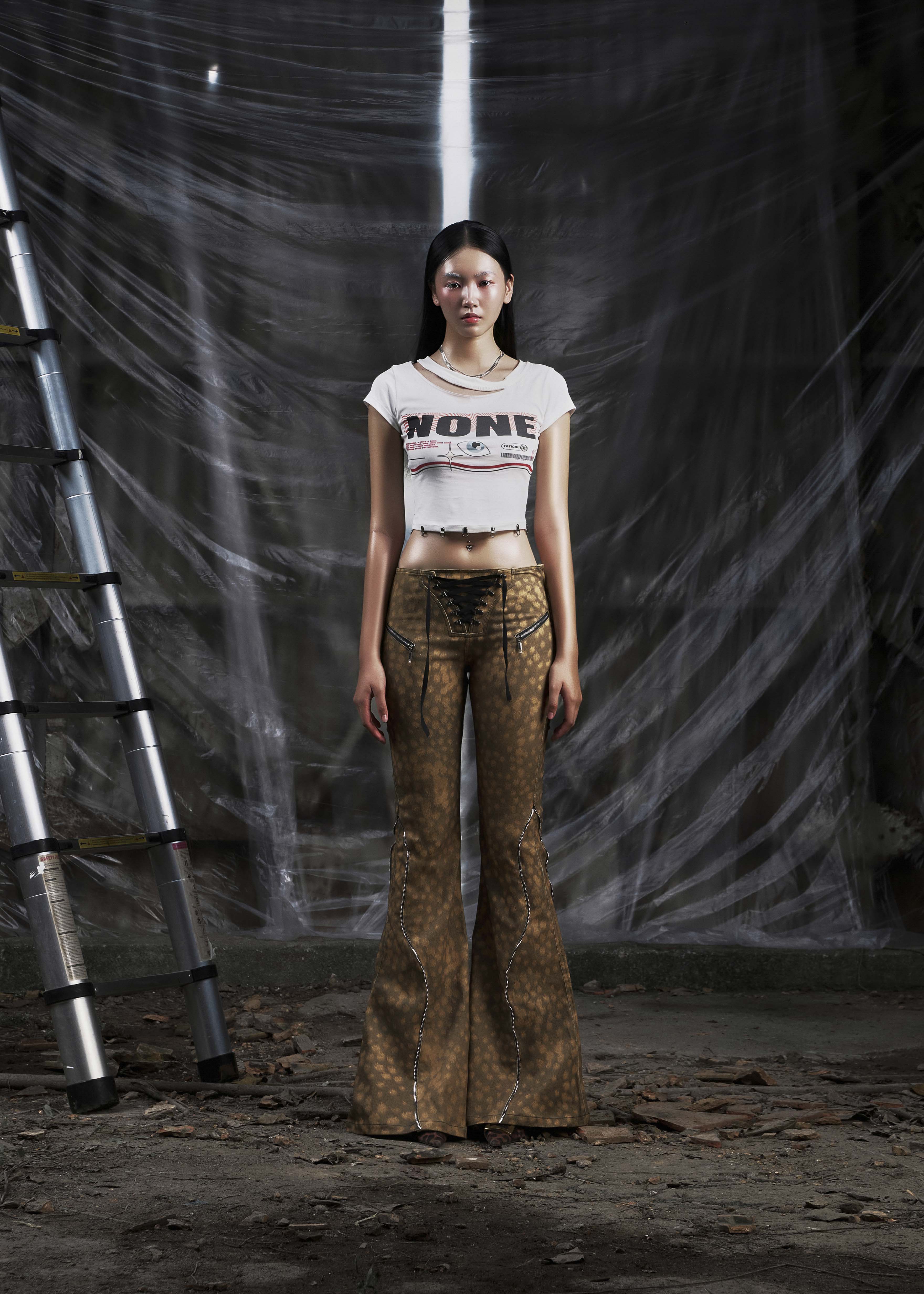 NONE Printed Lace Up Flared Jean