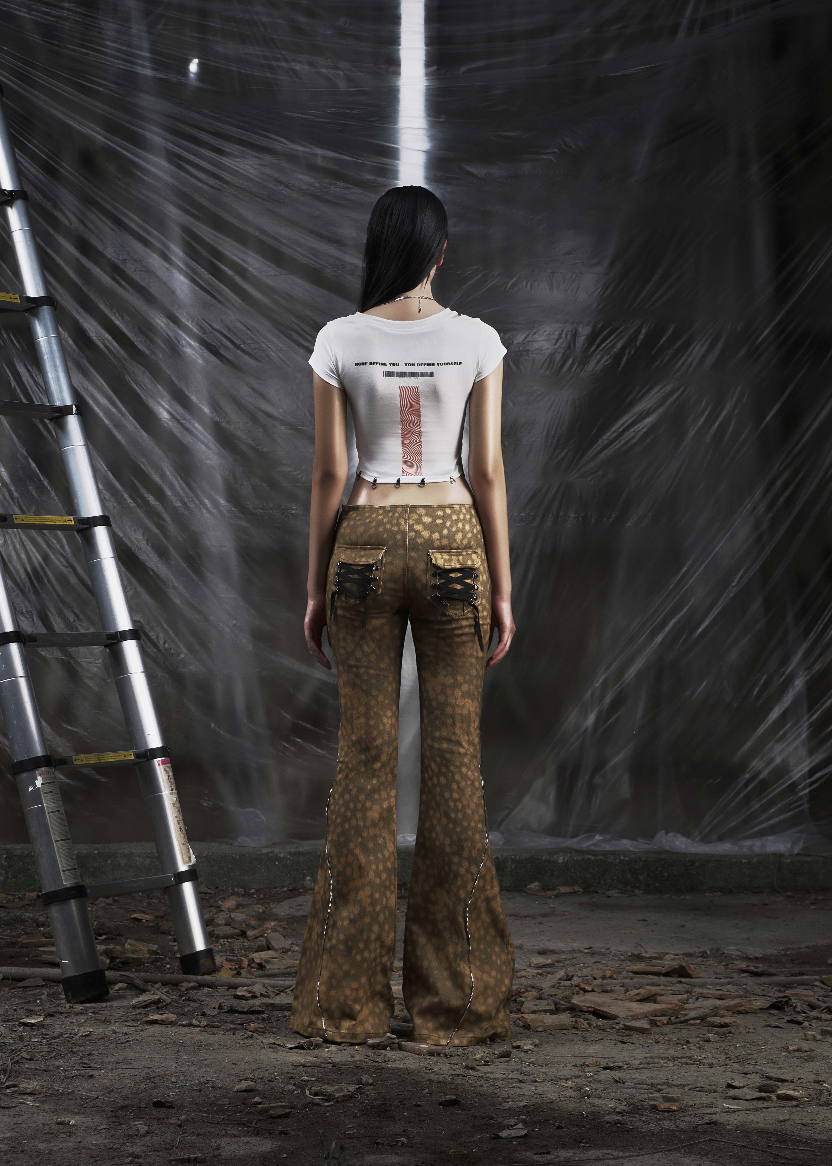 NONE Printed Lace Up Flared Jean