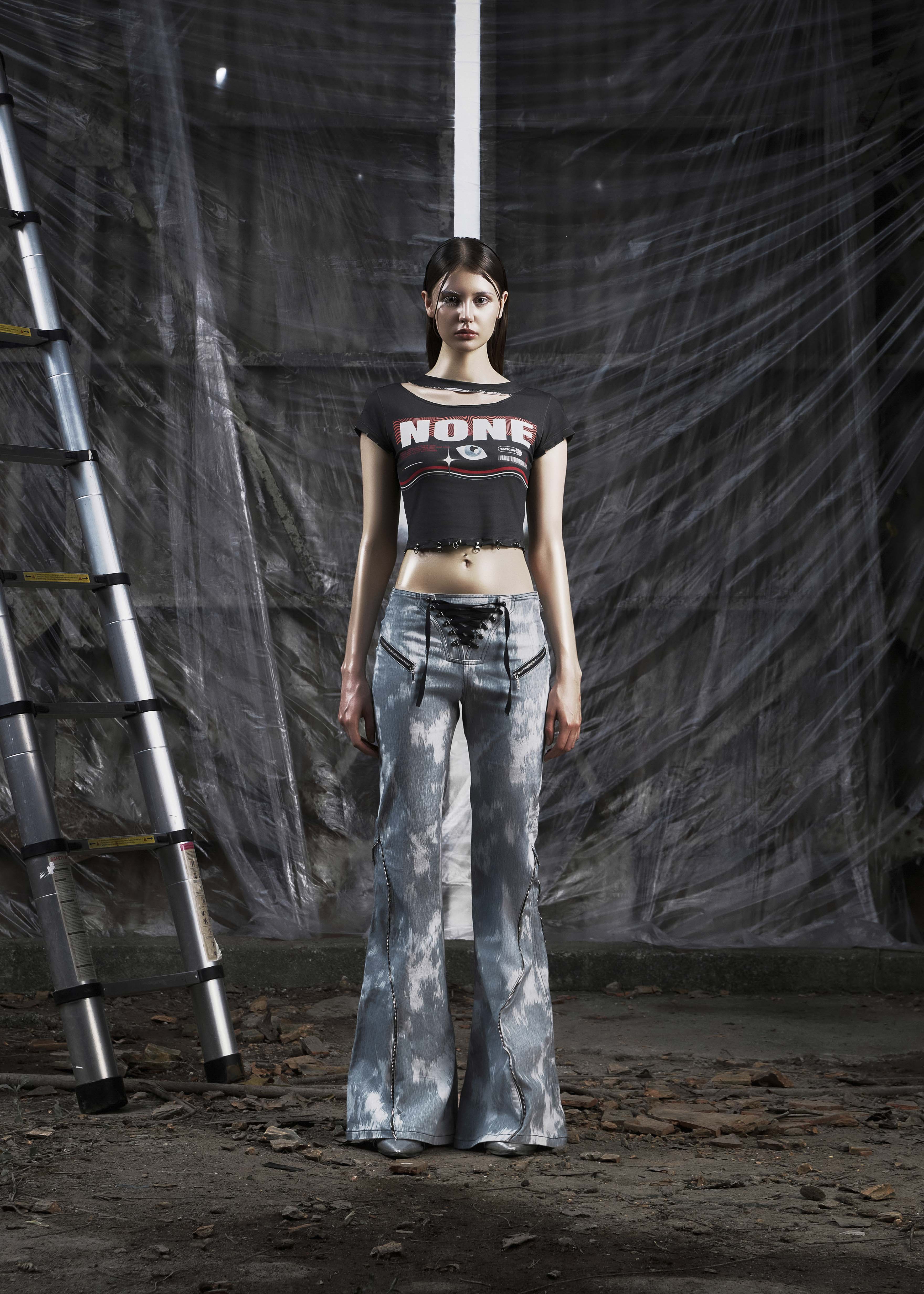 NONE Printed Lace Up Flared Jean