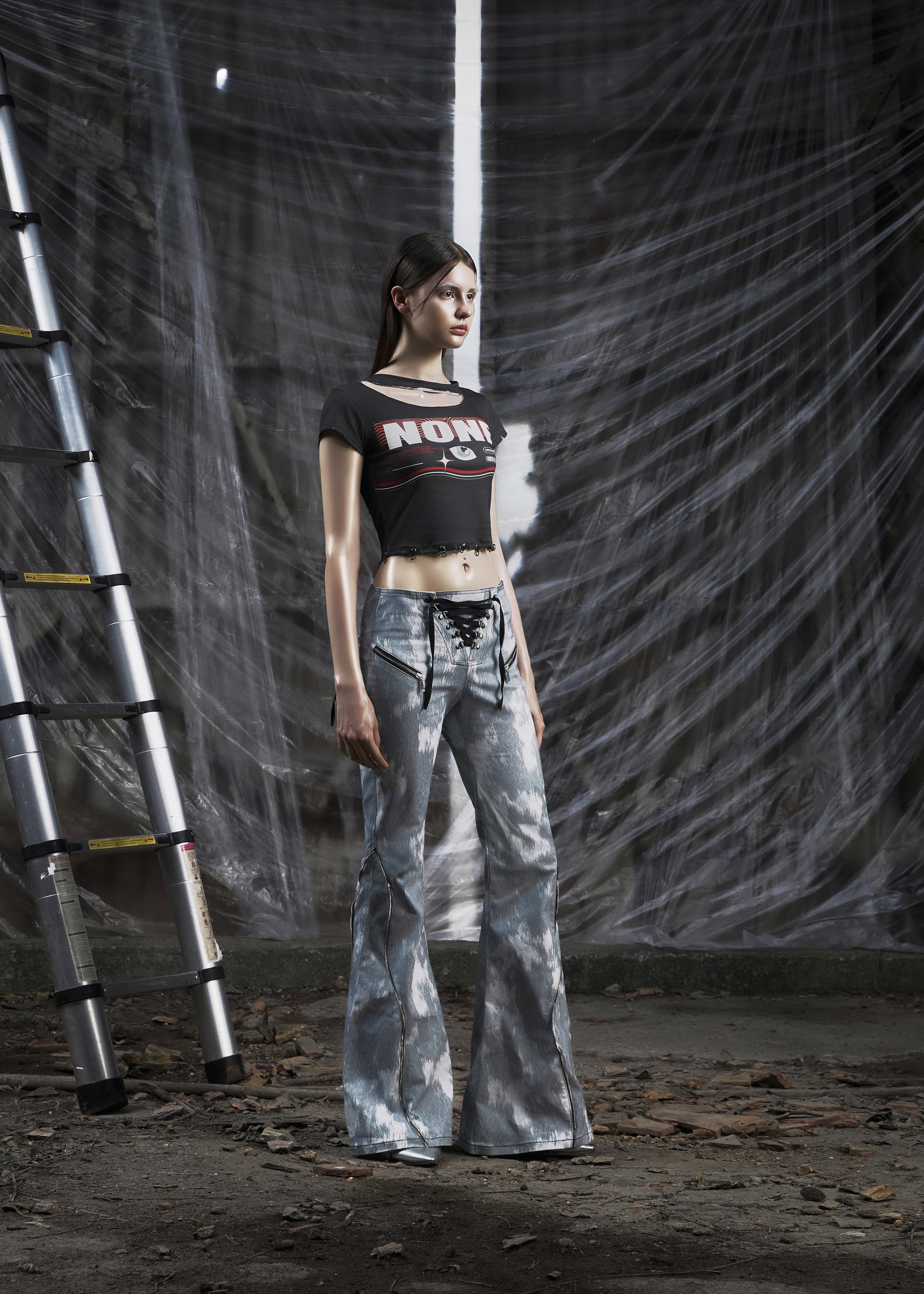 NONE Printed Lace Up Flared Jean