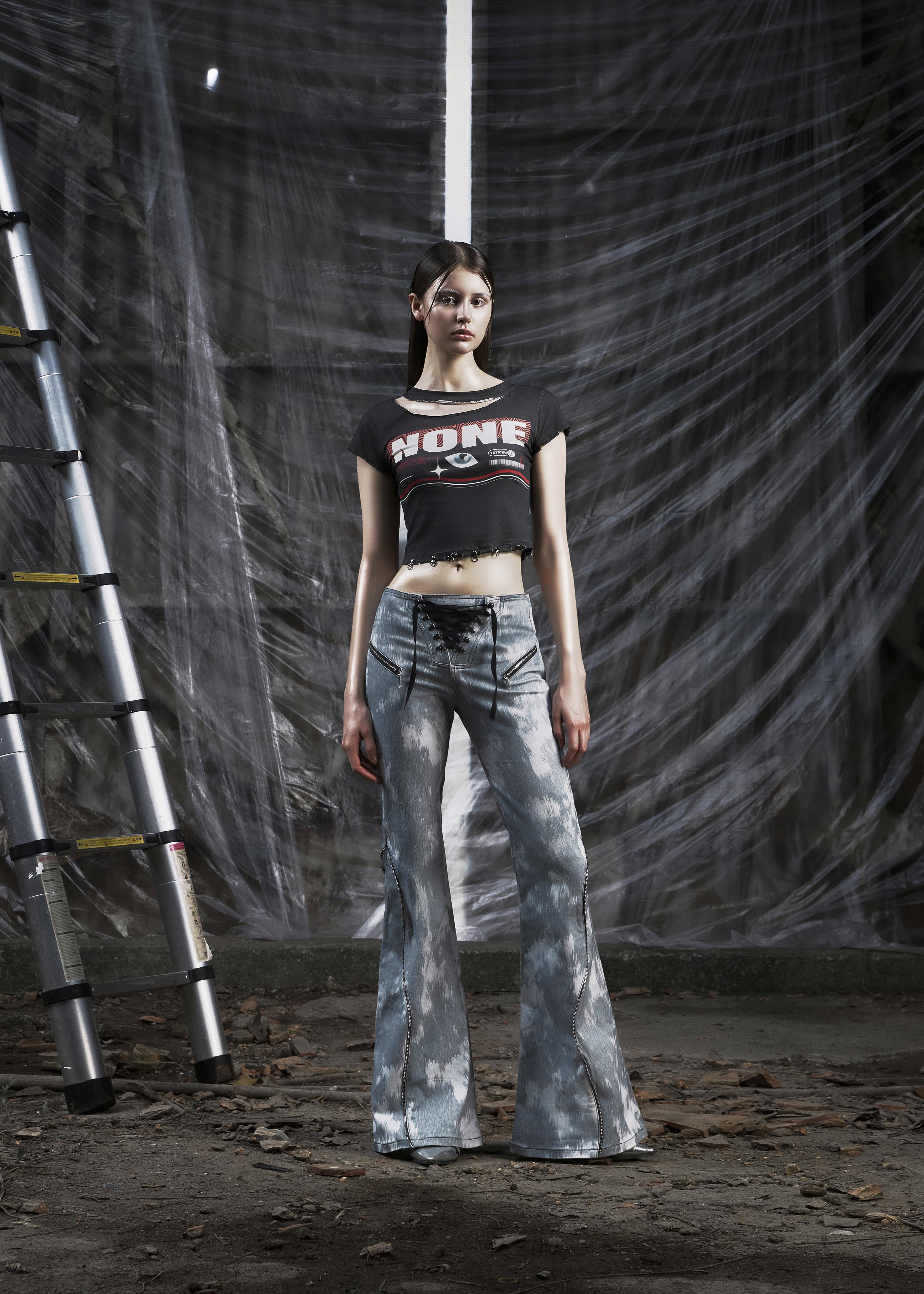 NONE Printed Lace Up Flared Jean