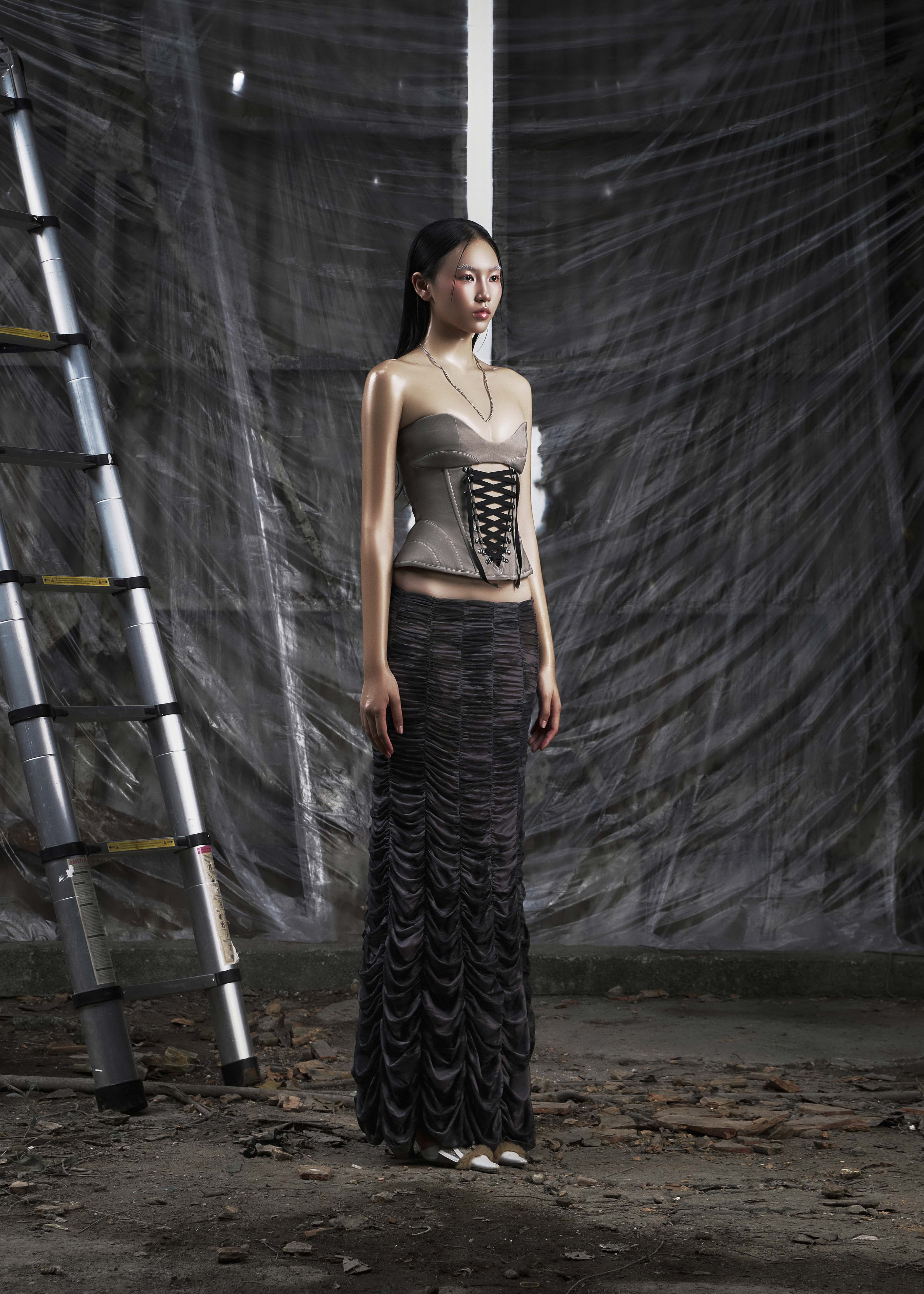 NONE Ruched Mesh Maxi Skirt
