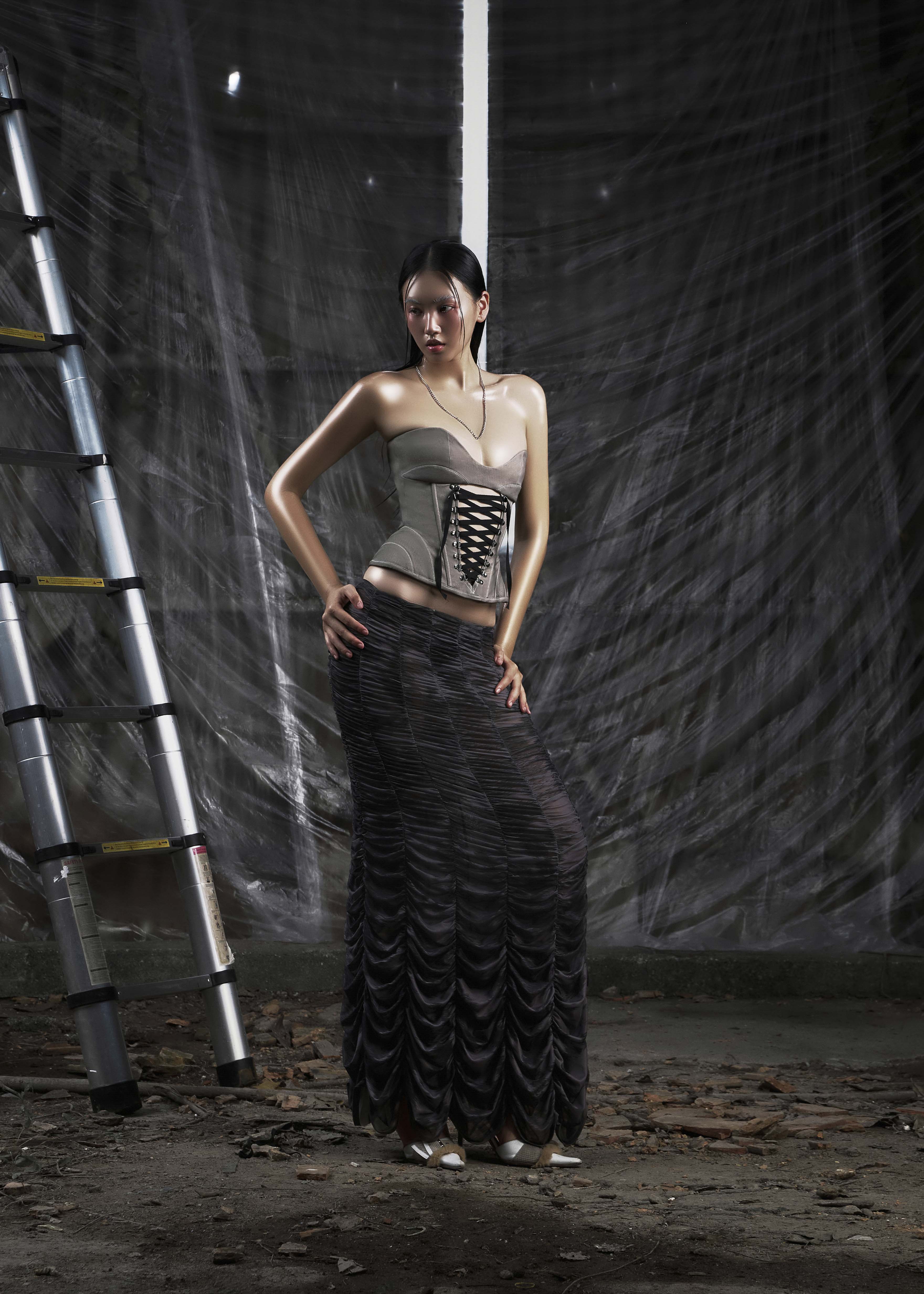 NONE Ruched Mesh Maxi Skirt