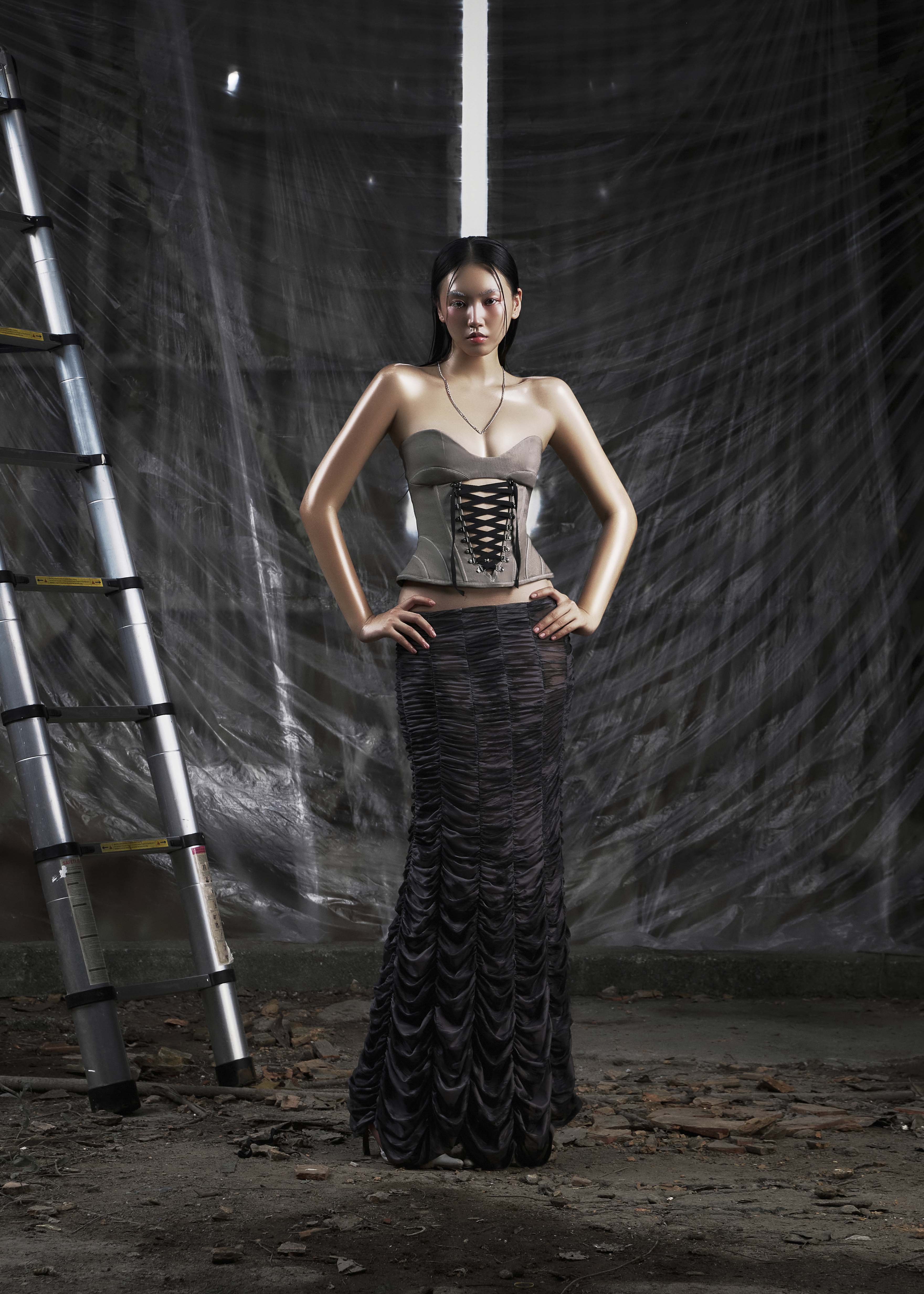 NONE Gray Lace Up Corset