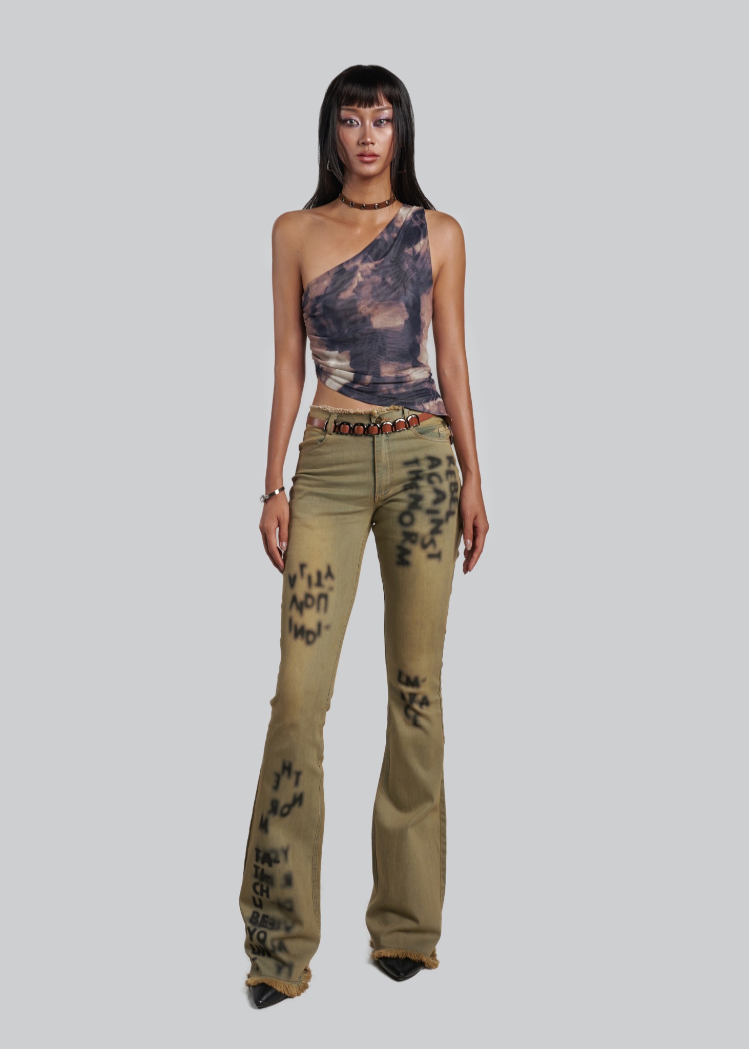 Blur Texts Printed Flared Jeans