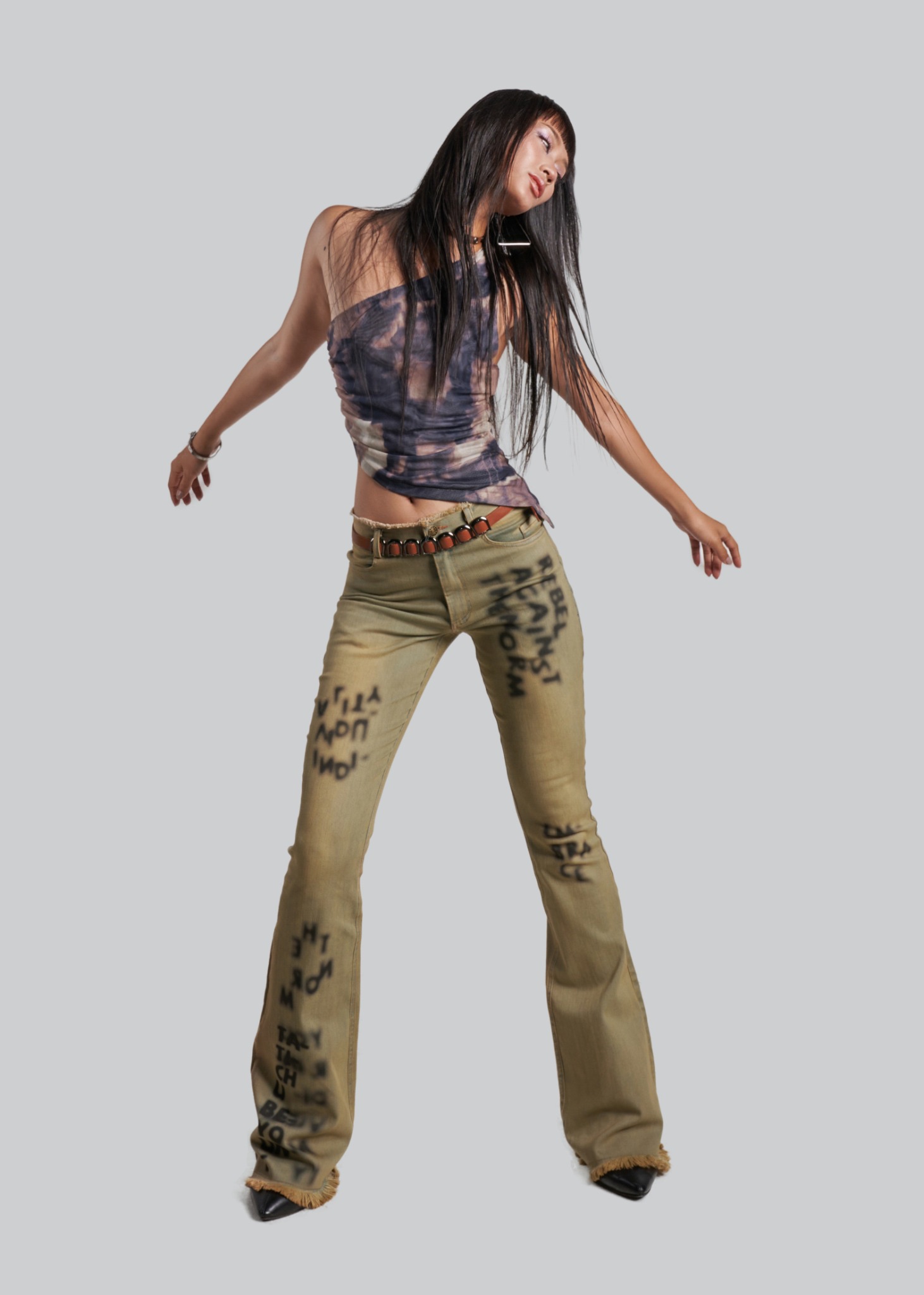 Blur Texts Printed Flared Jeans