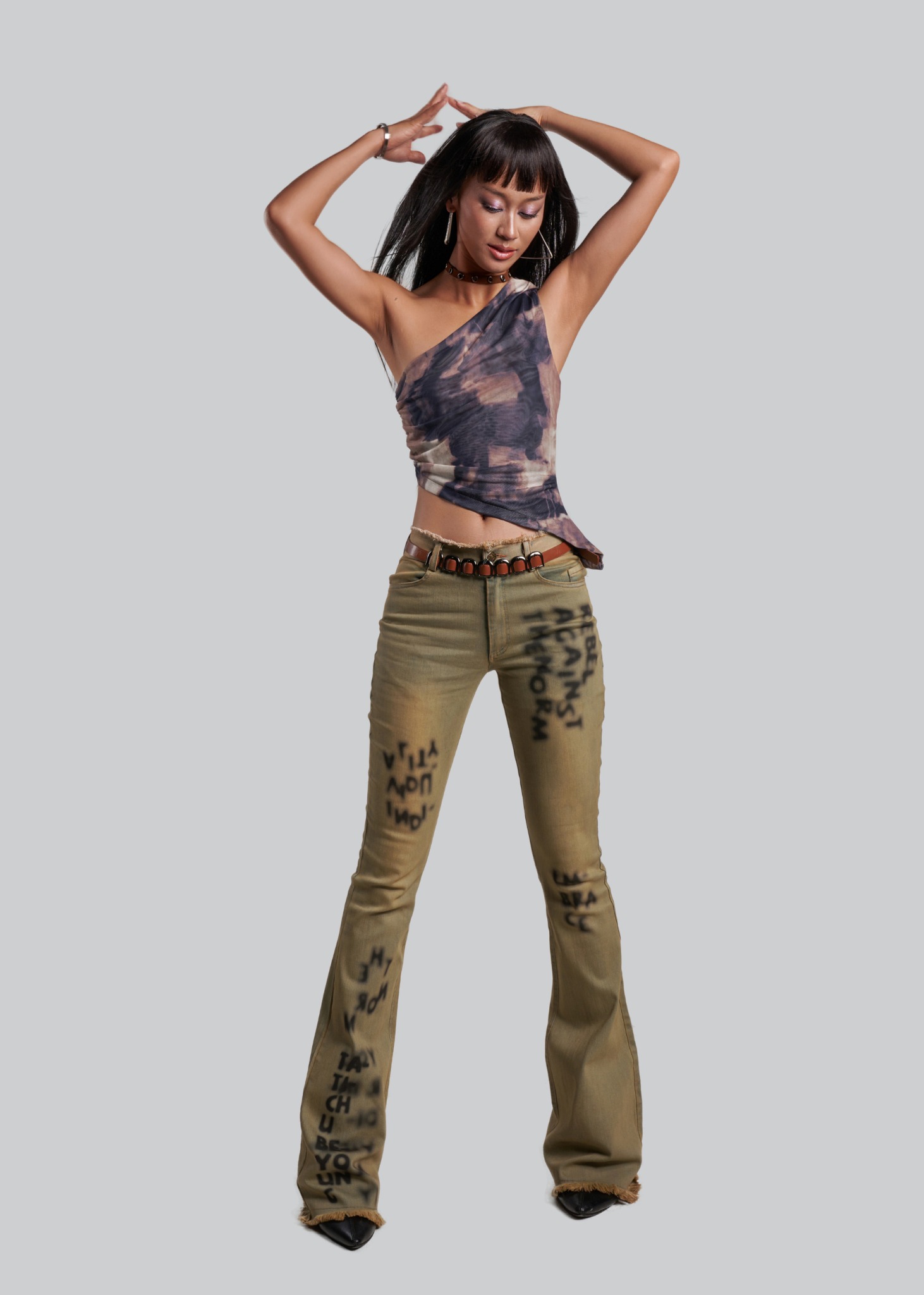 Blur Texts Printed Flared Jeans