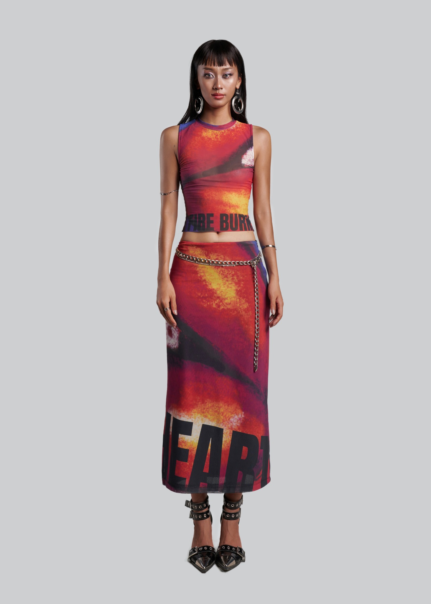 IUNU Lips Printed Mesh Midi Skirt