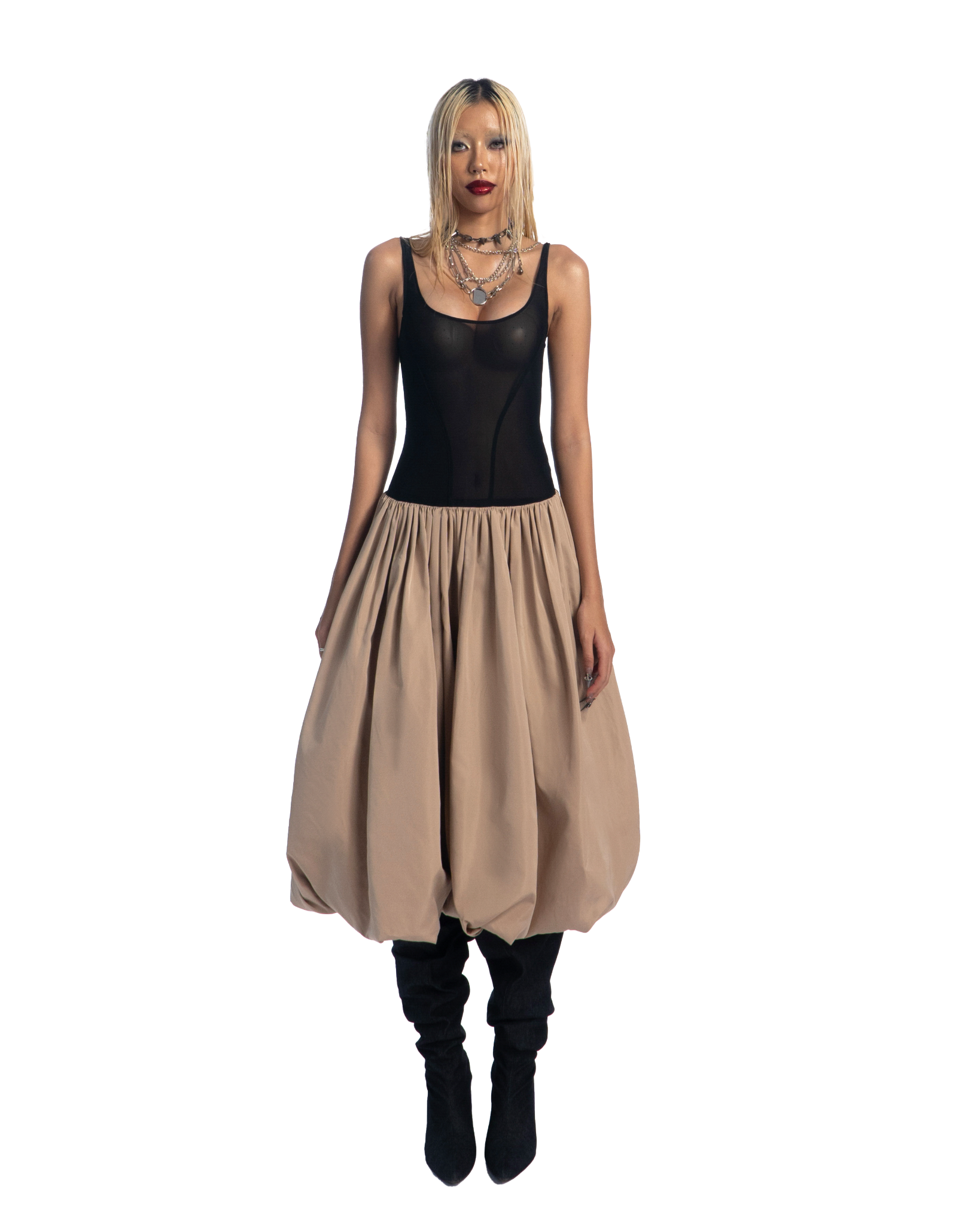 Puzzle Mesh Tank Bubble Midi Dress