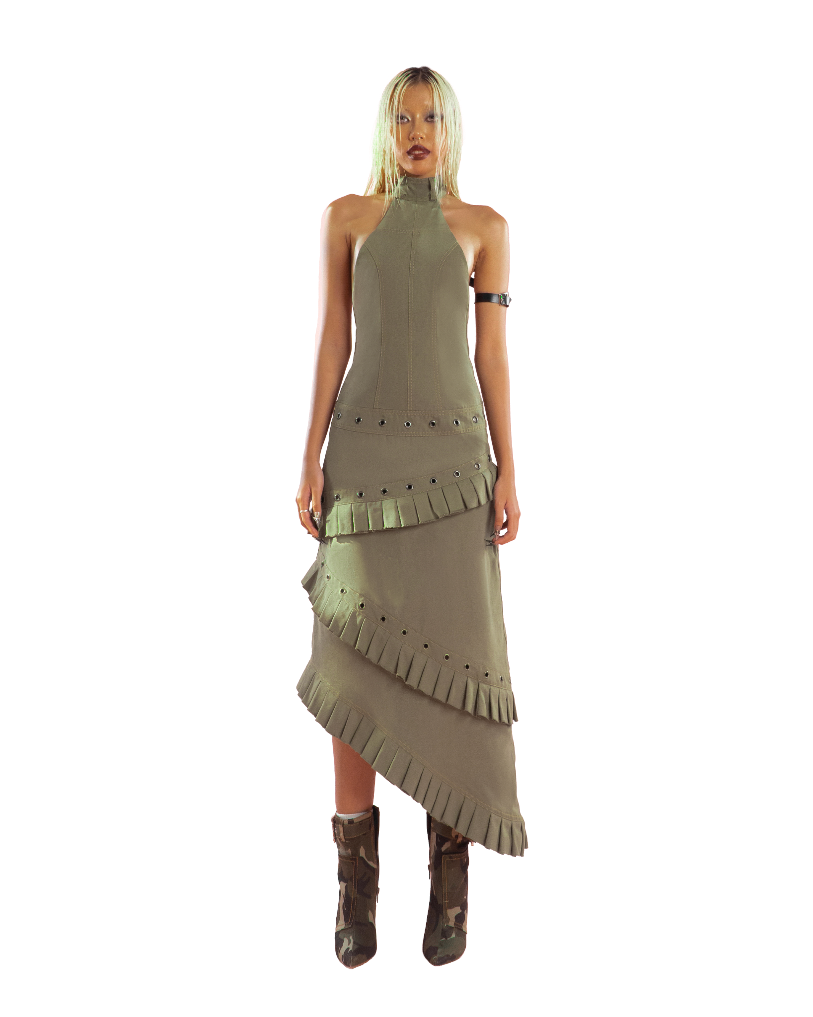 Puzzle Halter Neck Pleated Trim Dress