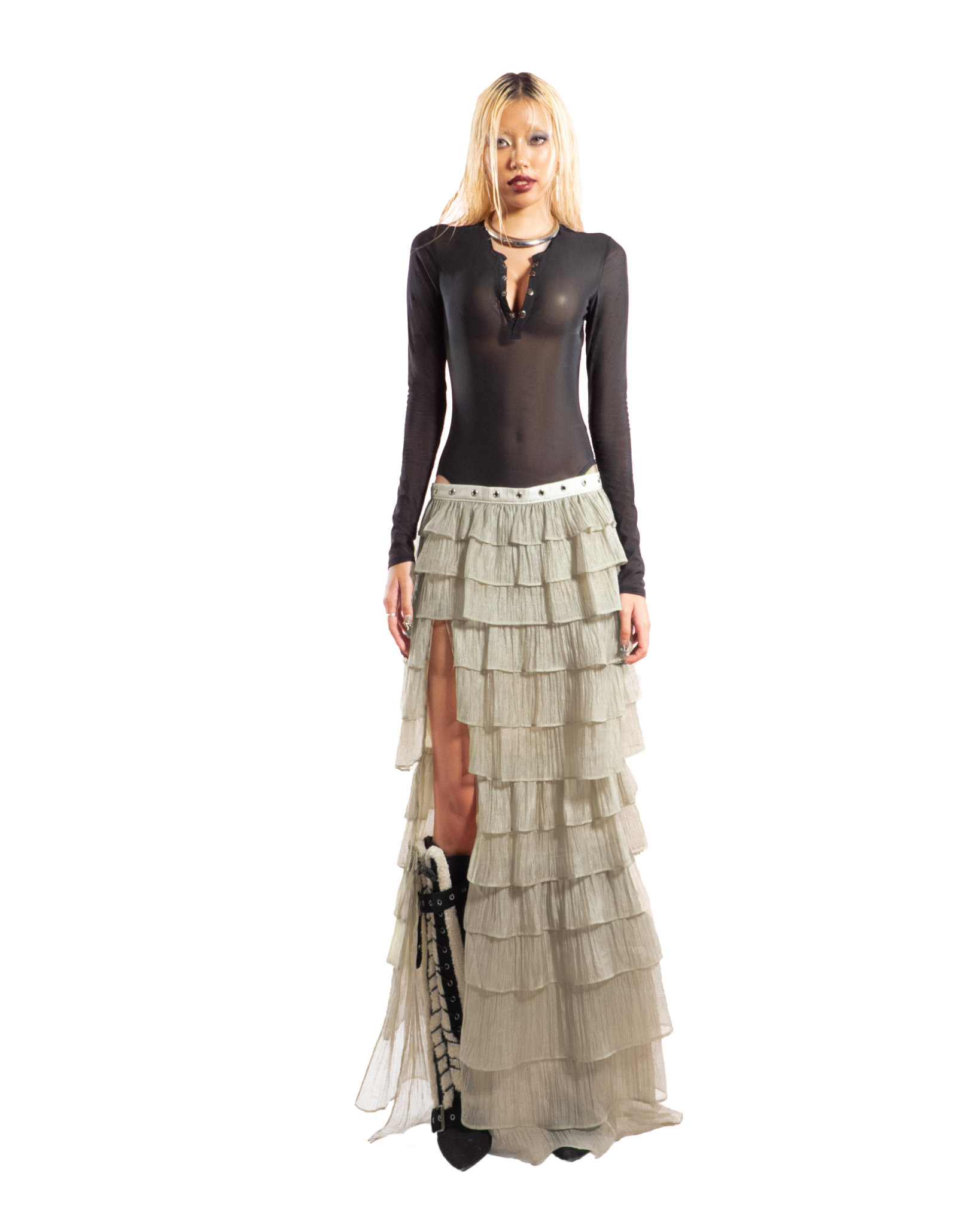 Puzzle Tiered Layer Split Maxi Skirt