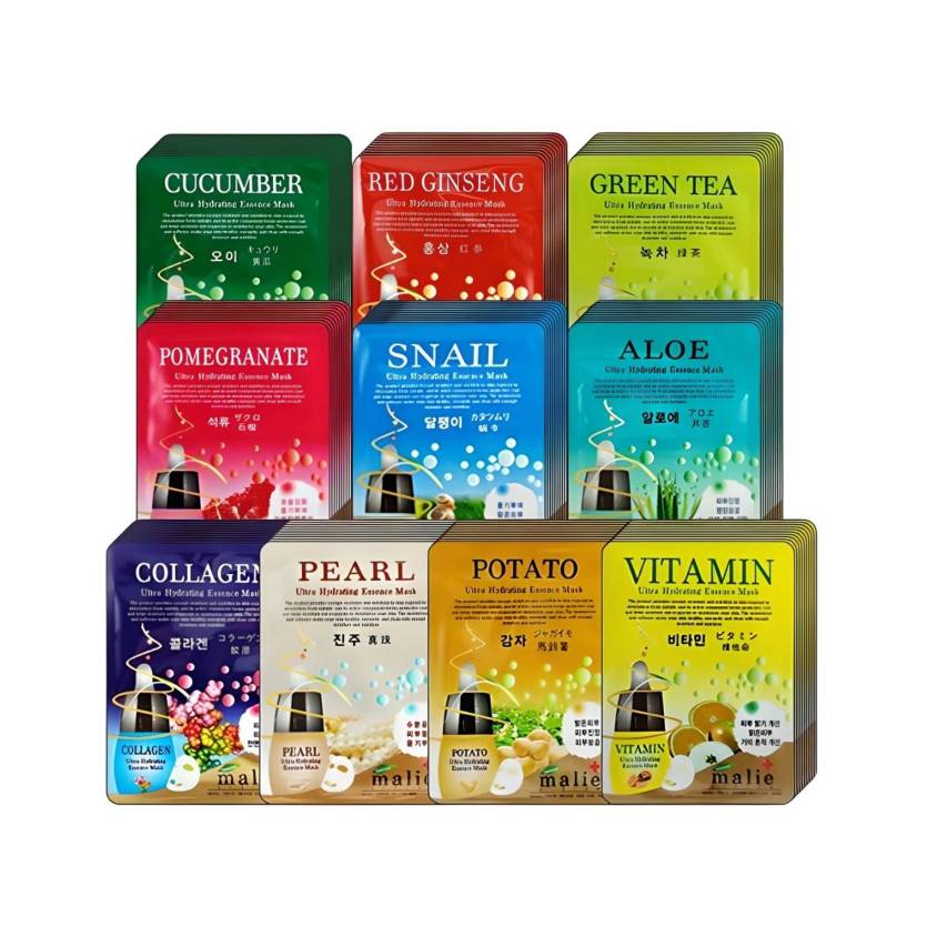 Mặt nạ tinh chất Marie Essence Mask Pack  Collagen, Ốc sên, Ngọc trai, Lô hội, Lựu, Hồng sâm, Sữa ong chúa, Vitamin, Khoai tây, Trà xanh (Bịch 10 miếng)