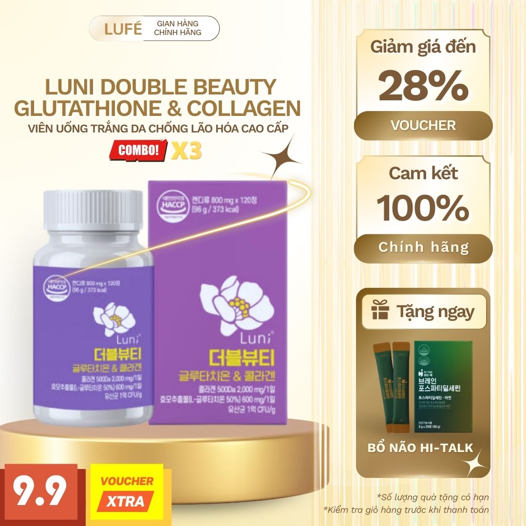 ENZYME LUNI DOUBLE BEAUTY GLUTATHIONE & COLLAGEN 더블뷰티 글루타치온 & 콜라겐 - VIÊN UỐNG TRẮNG DA CHỐNG LÃO HÓA CAO CẤP (3 HỘP)