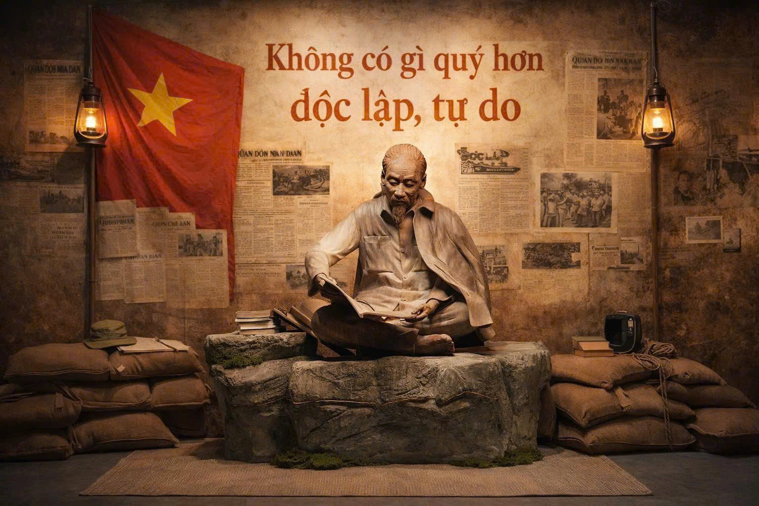 Tượng Bác Hồ ngồi đọc sách ở Pác-Bó