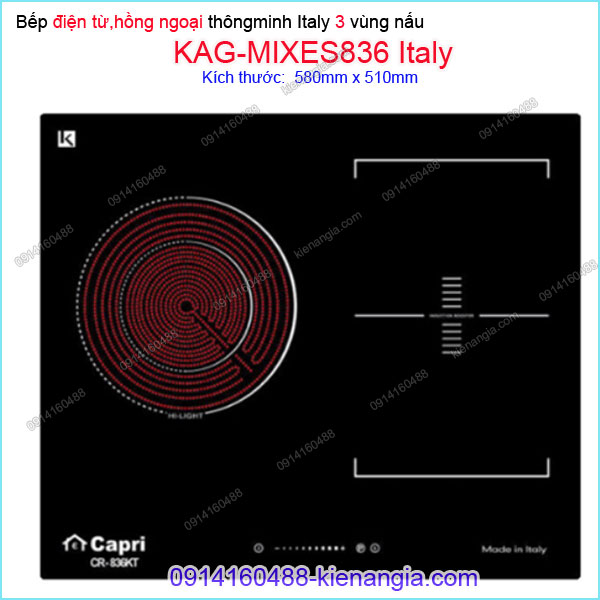 Bếp từ kết hợp hồng ngoại 3 bếp đẳng cấp Capri Italy KAG-MIXES836 Italy
