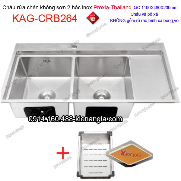 Chậu rửa chén 2 hộc 110x48 cm inox 304 không sơn Proxia KAG-CRB264