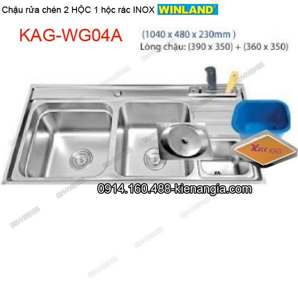 Chậu rửa chén 2 hộc có hộc rác giắt dao 104x48 cm Winland KAG-WG04A