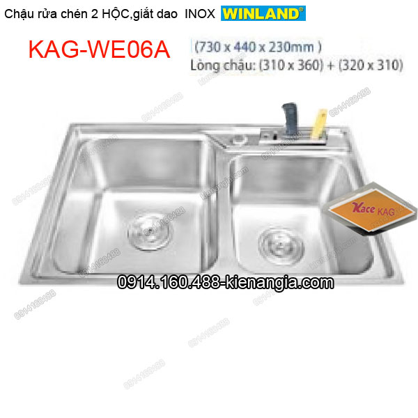Chậu rửa chén 2 hộc giắt dao 73x44-cm-Winland-KAG-KAG-WE06A