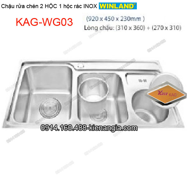 Chậu rửa chén 2 hộc có hộc rác 92x45 cm Winland KAG-WG03