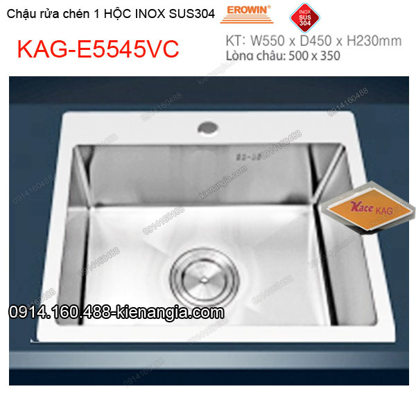 Chậu rửa chén 1 hộc 55x45 cm inox304 EROWIN KAG-E5545VC