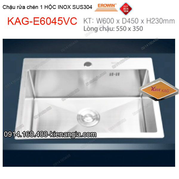 Chậu rửa chén 1 hộc 60x45 cm inox304 EROWIN KAG-E6045VC