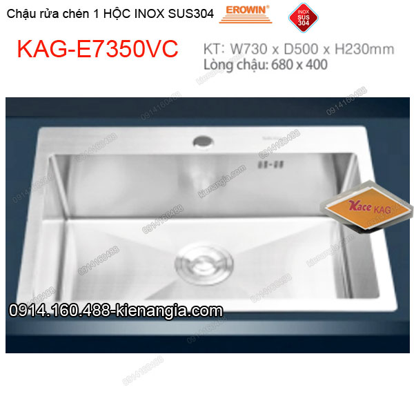 Chậu rửa chén 1 hộc 73x50 cm inox304 EROWIN KAG-E7350VC