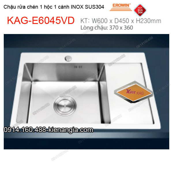 Chậu rửa chén 1 hộc 1 cánh 60X45 cm inox304 EROWIN KAG-E6045VD