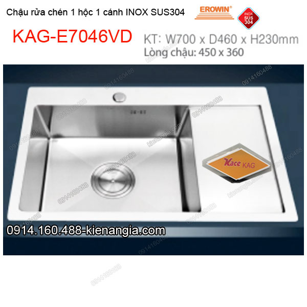 Chậu rửa chén 1 hộc 1 cánh 70x46 cm inox304 EROWIN KAG-E7046VD