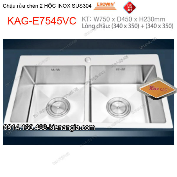 Chậu rửa chén 2 hộc vuông 75x45 cm inox 304 EROWIN KAG-E7545VC