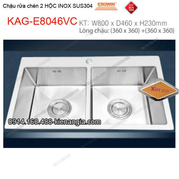 Chậu rửa chén 2 hộc vuông 80x46 cm inox 304 EROWIN KAG-E8046VC