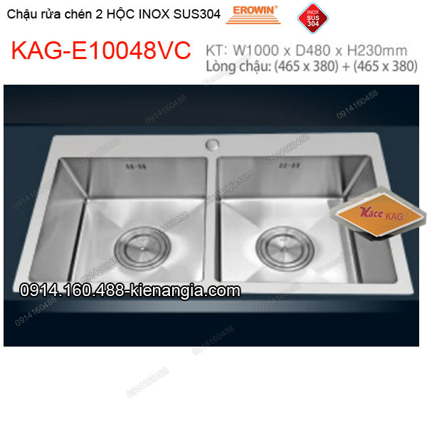 Chậu rửa chén 2 hộc vuông 100x48 cm inox 304 EROWIN KAG-E10048VC