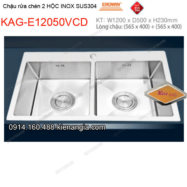 Chậu rửa chén 2 hộc vuông 120x50 cm inox 304 EROWIN KAG-E12050VCD