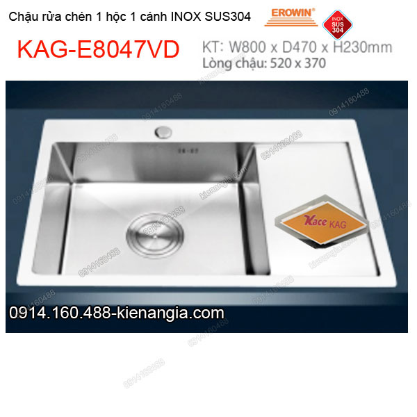 Chậu rửa chén 1 hộc 1 cánh 80x47 55x45 cm inox304 EROWIN KAG-E8047VD