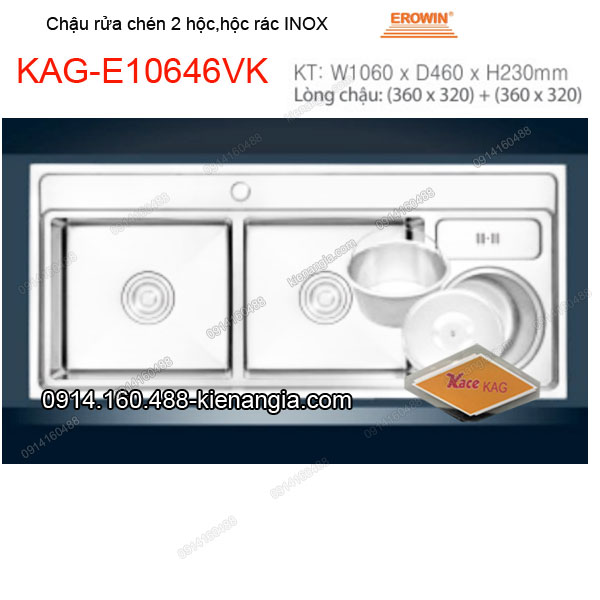 Chậu rửa chén 2 hộc ,hộc rác 100x46 cm inox EROWIN KAG-E10646VK