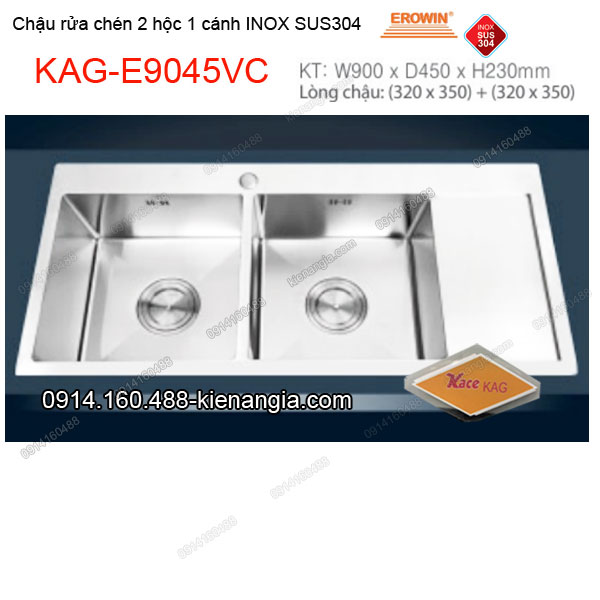 Chậu rửa chén 2 hộc 1 cánh 90x45 cm inox 304 EROWIN KAG-E9045VC