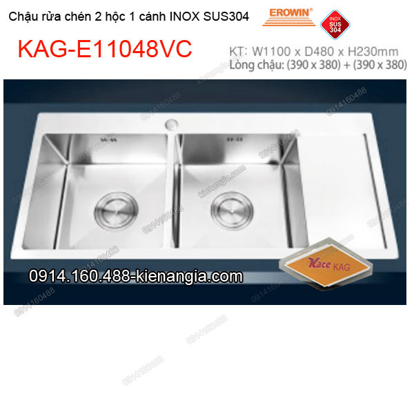 Chậu rửa chén 2 hộc 1 cánh 100x48 cm inox 304 EROWIN KAG-E11048VC
