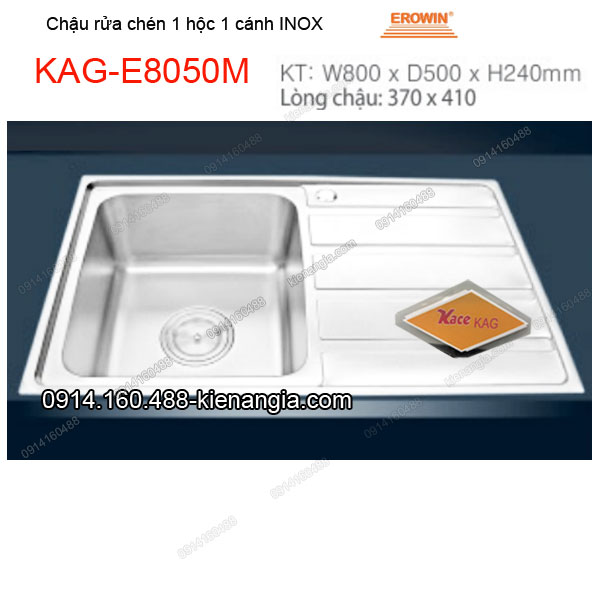 Chậu rửa chén 1 hộc 1 cánh 80x50 cm inox EROWIN KAG-E8050M