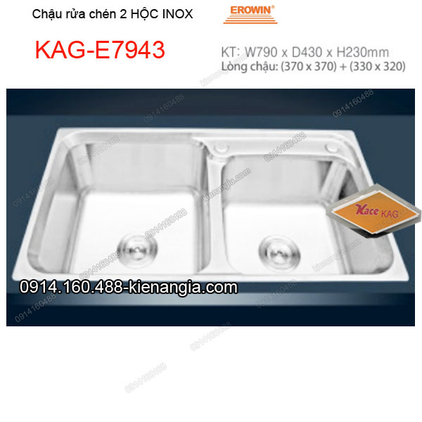 Chậu rửa chén 2 hộc 79x43 cm inox EROWIN KAG-E7943